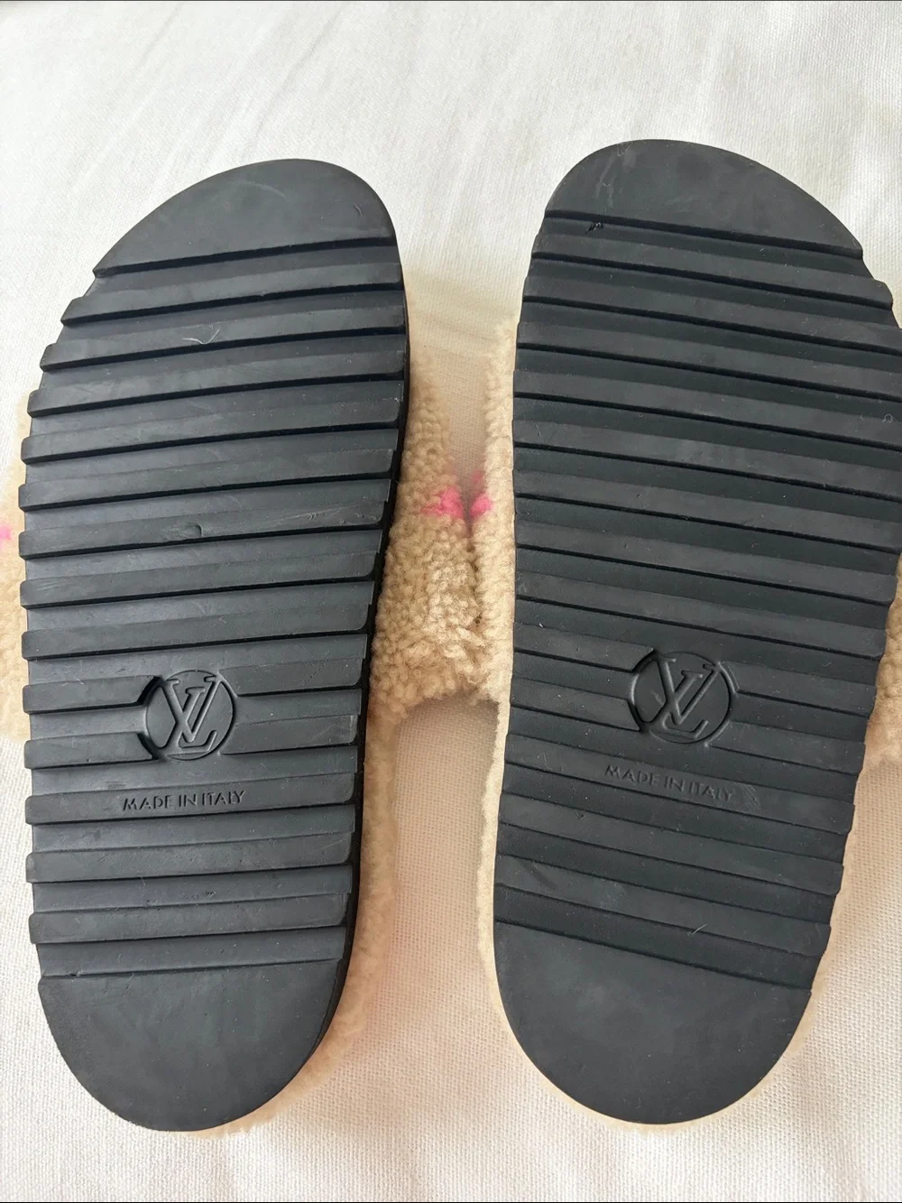 Louis Vuitton Beige Shearling Slide Sandals with Pink LV Motif